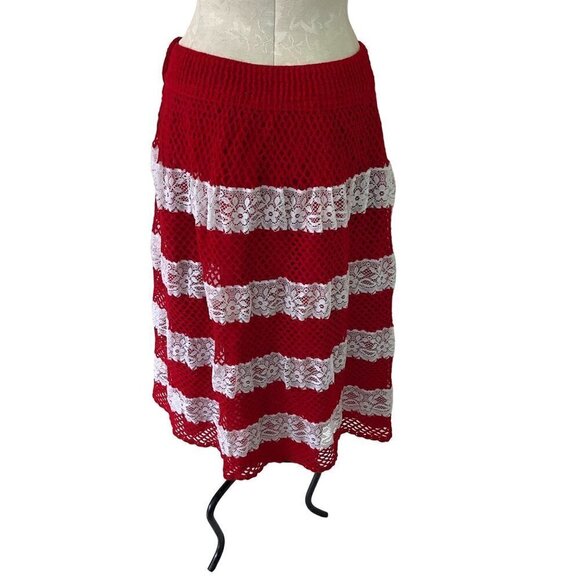 Unbranded Dresses & Skirts - Vintage Womens Crochet Lace Skirt Size Large Fully Lined Red White Midi Button